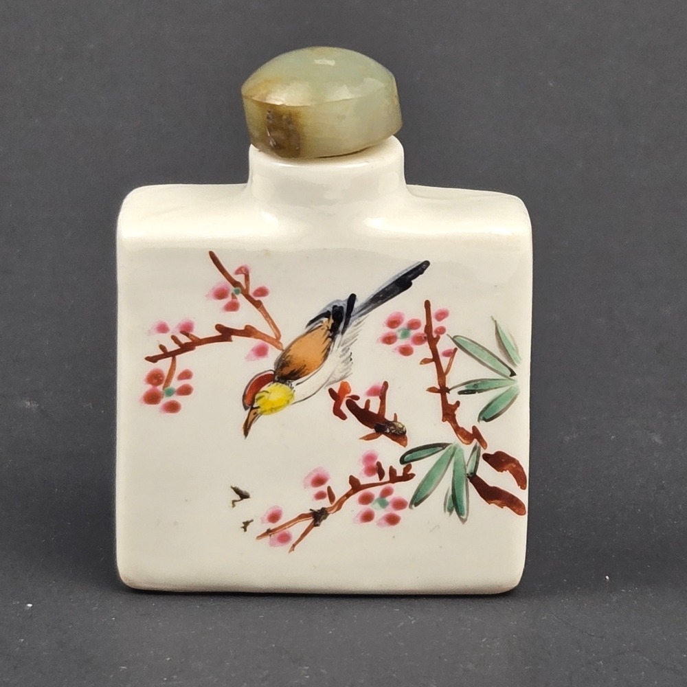 Vintage Chinese Snuff Bottle White Porcelain Hand Painted Birds Cherry Blossom